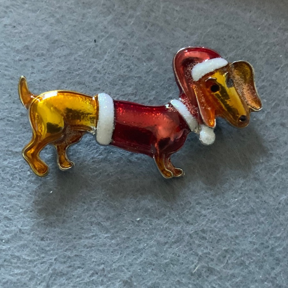 Christmas Dachshund Brooch Pin Festive Wiener Dog Santa Hat Enamel Holiday Pin